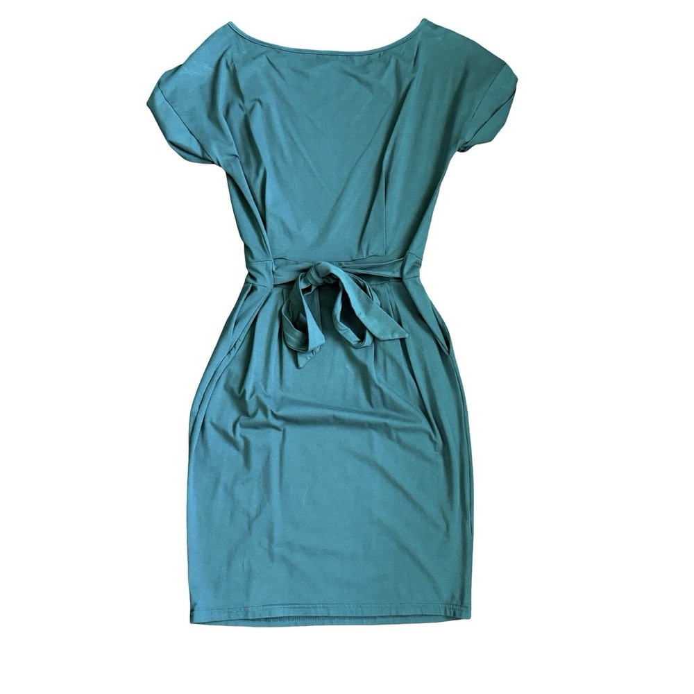 Teal Cotton Jersey Sheath Dress Boat Neck Tie Waist Pockets Women's Size S